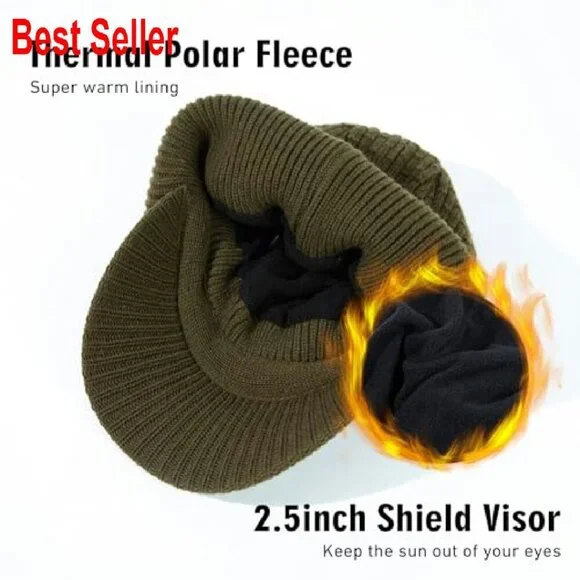 Merino Wool Fleece Lined Beanie with Brim Classic Winter Outdoor Knit Cap - Picture 5 of 8